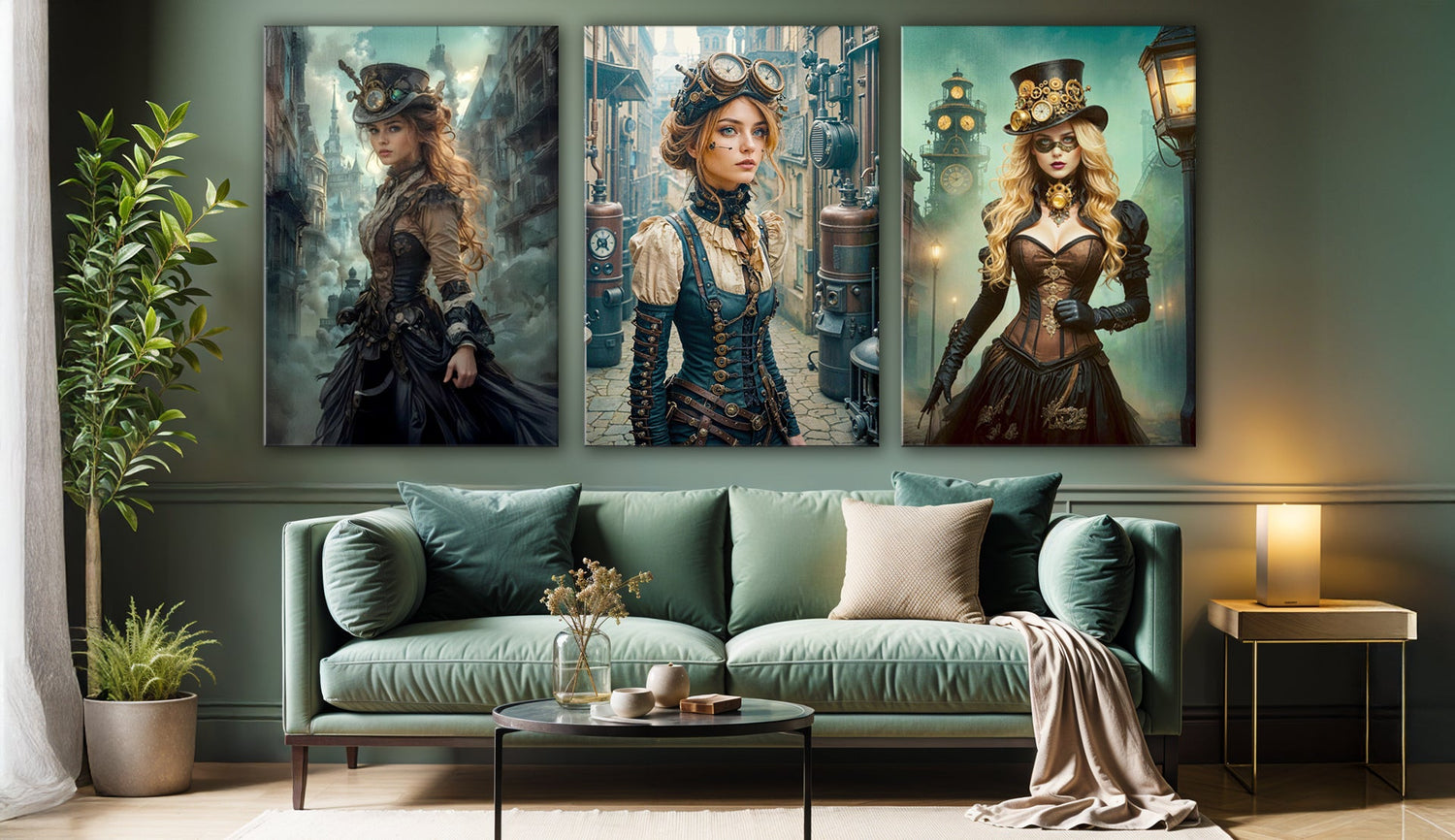 Steampunk Girls Canvas Wall Art – Retro-Futuristic Portraits