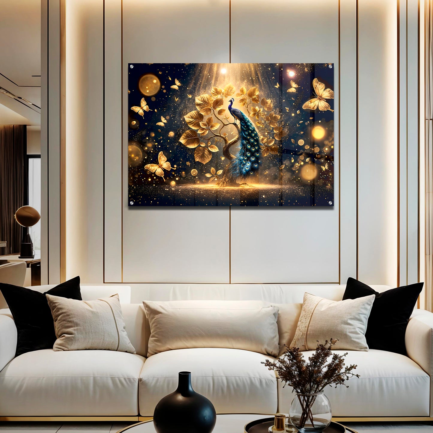 Golden Majesty – Peacock and Enchanted Tree Acrylic Print