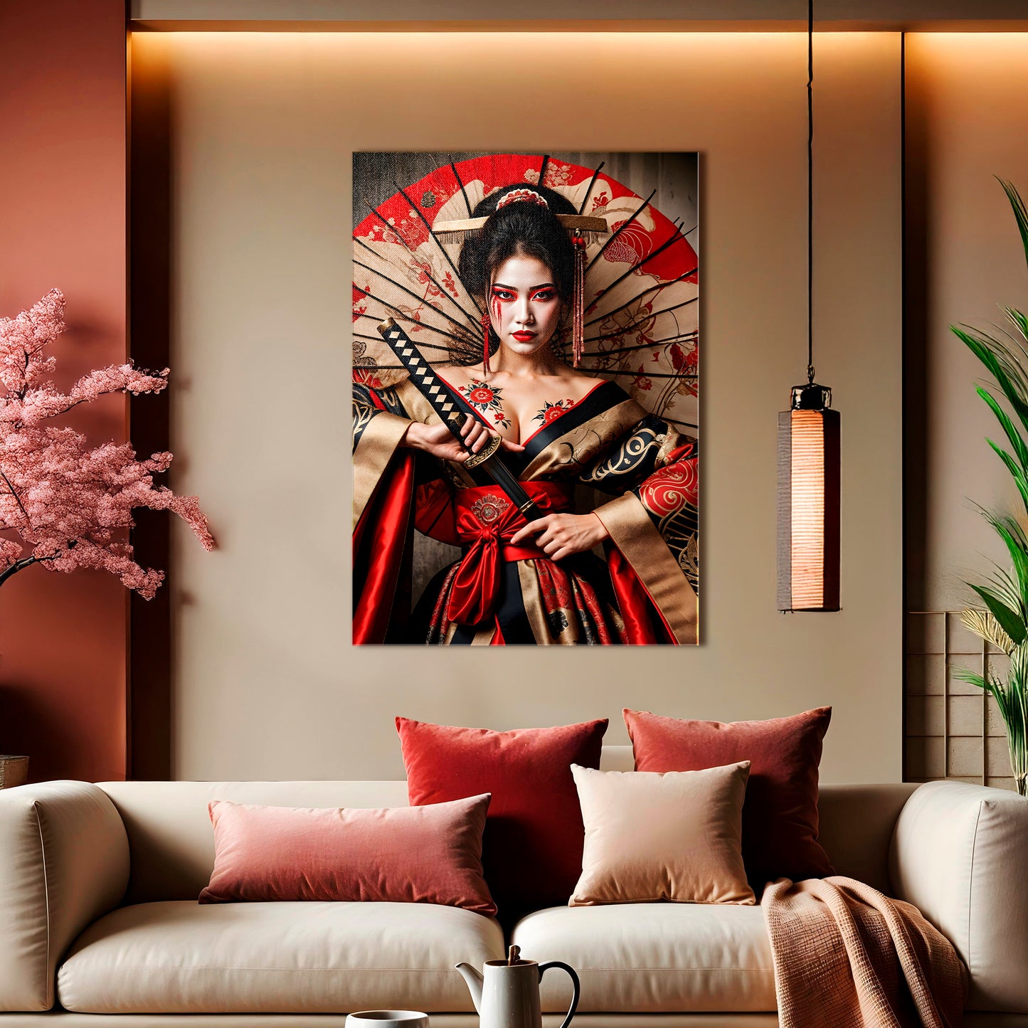 Intense Bloom Warrior - Geisha with Katana and Umbrella Canvas Print