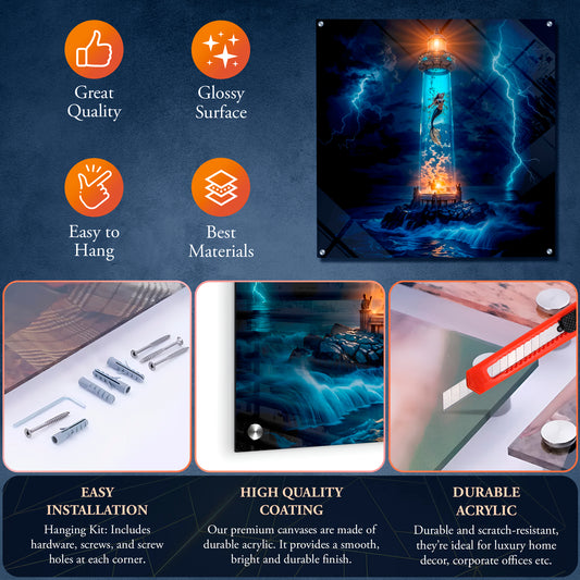 Acrylic Wall Art Mermaid & Lighthouse Fantasy – Ocean Storm Art Decor