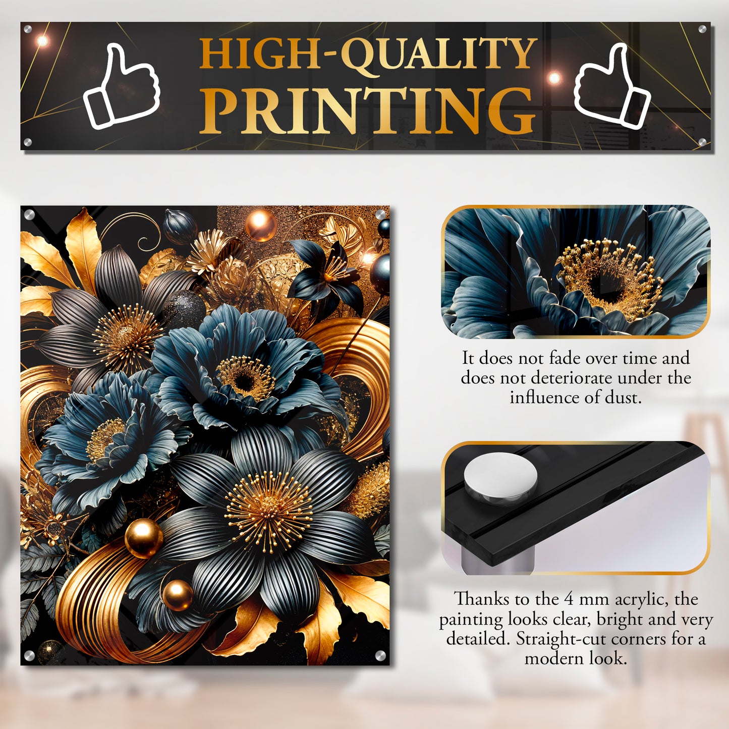 Midnight Bloom – Opulent Gold and Navy Floral Acrylic Print