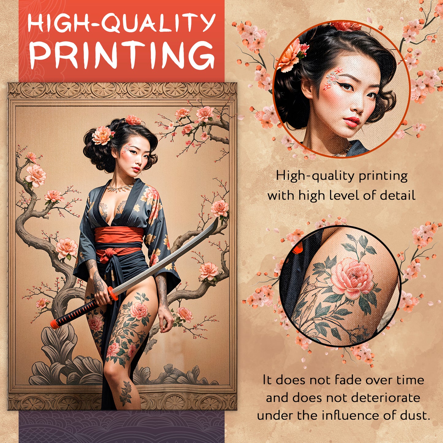 Tattooed Sakura Warrior - Elegant Geisha Katana Canvas Print