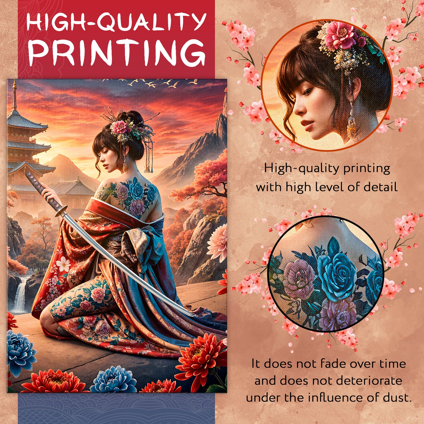 Sunset Sakura Warrior - Tattooed Geisha with Katana Canvas Print