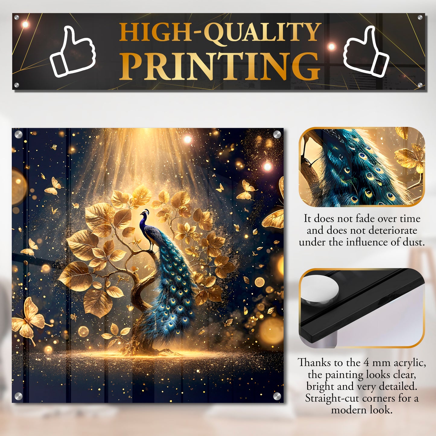 Golden Majesty – Peacock and Enchanted Tree Acrylic Print