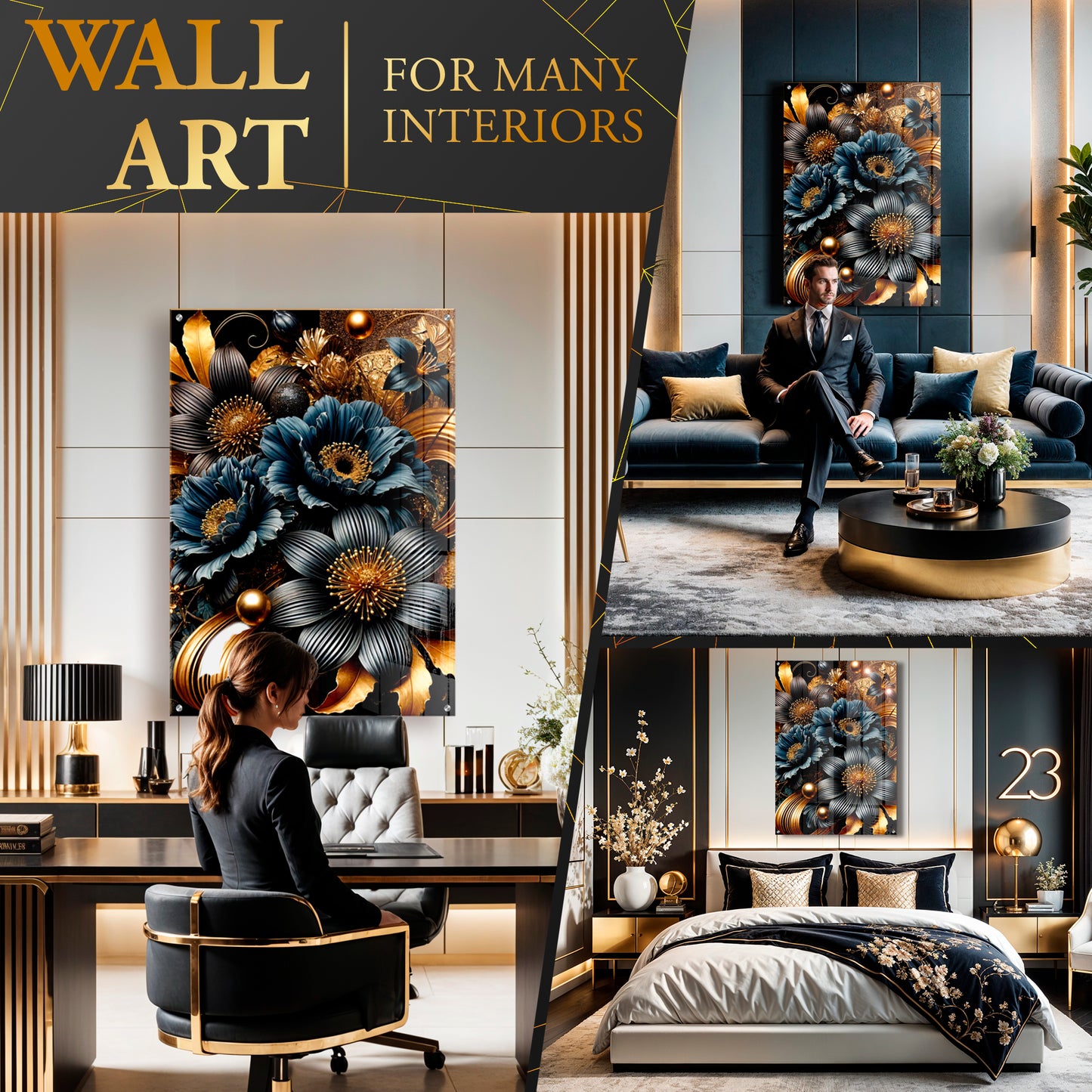 Midnight Bloom – Opulent Gold and Navy Floral Acrylic Print