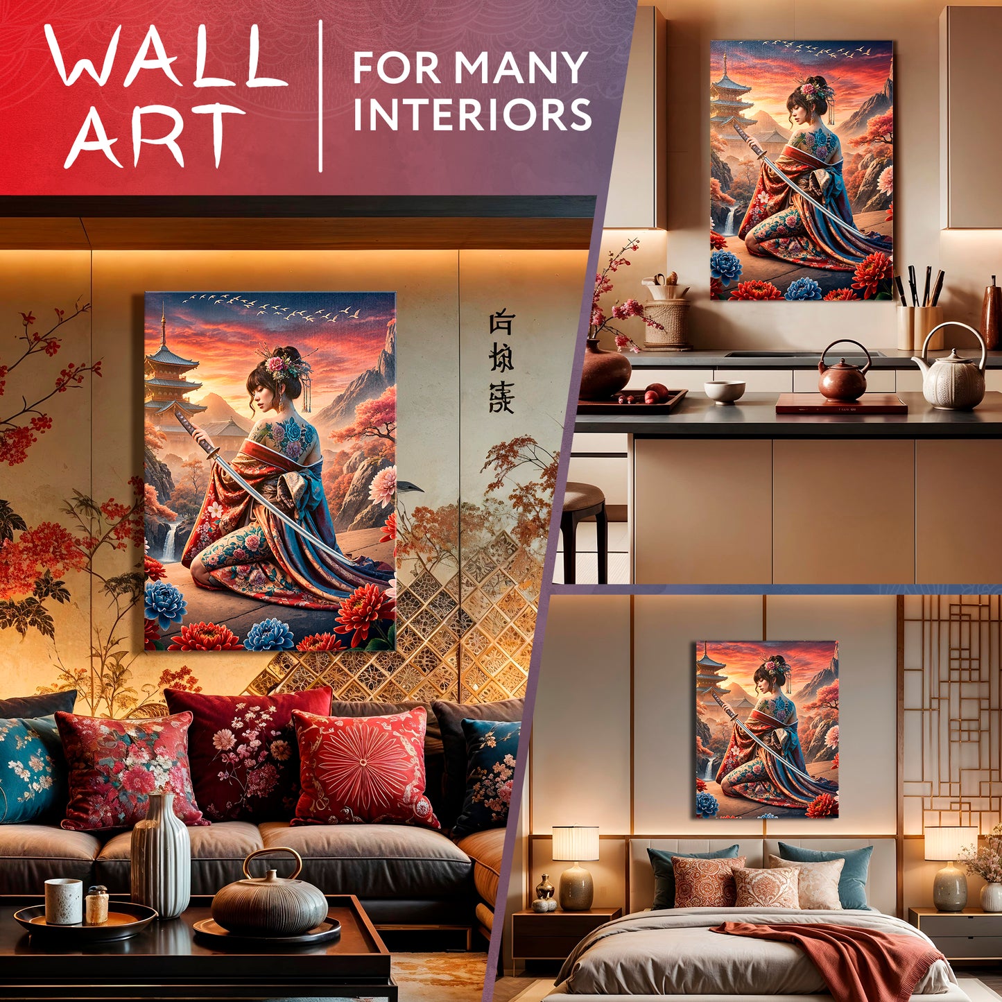 Sunset Sakura Warrior - Tattooed Geisha with Katana Canvas Print