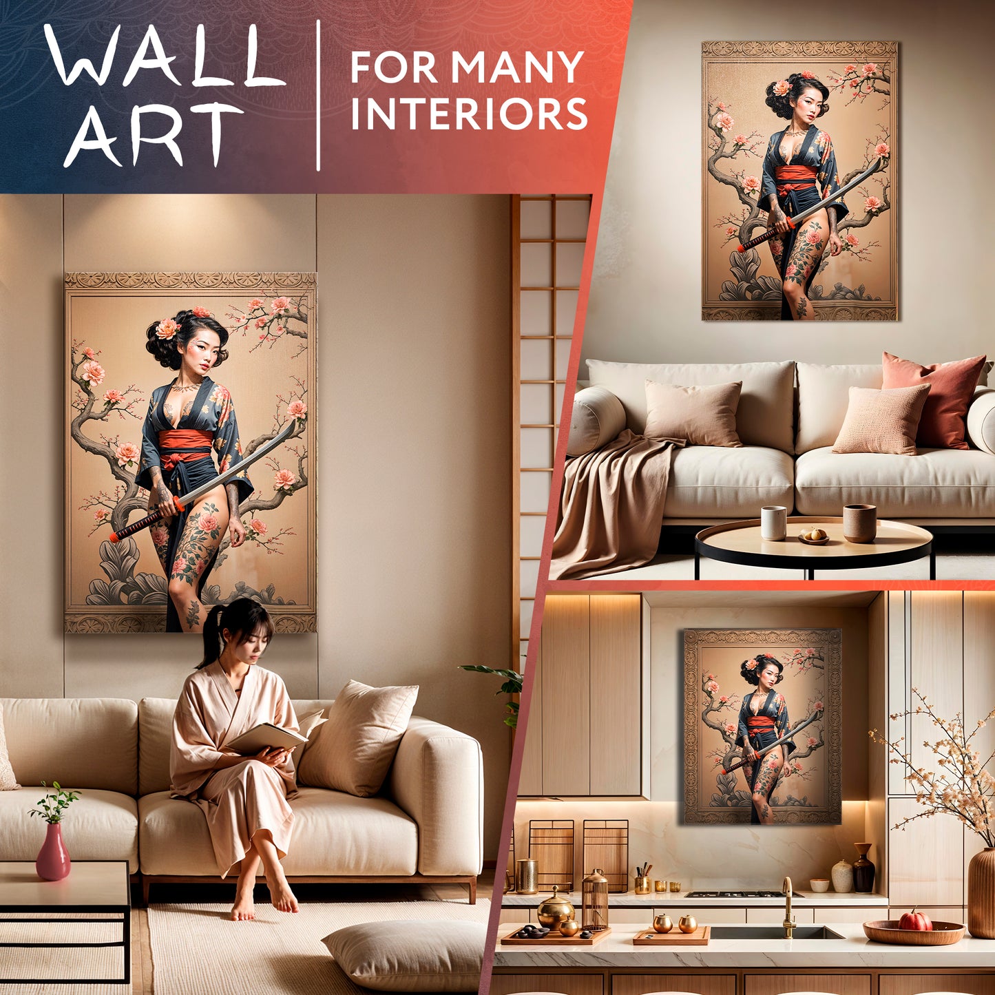 Tattooed Sakura Warrior - Elegant Geisha Katana Canvas Print