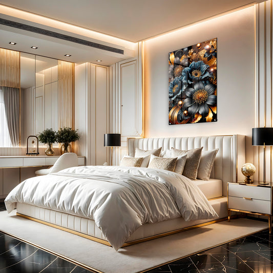 Midnight Bloom – Opulent Gold and Navy Floral Acrylic Print