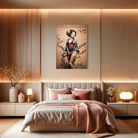 Tattooed Sakura Warrior - Elegant Geisha Katana Canvas Print