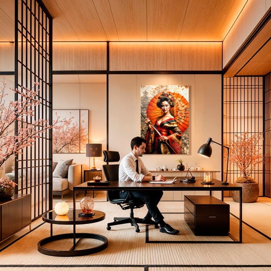 Fiery Guardian Geisha - Katana & Vibrant Umbrella Canvas Art