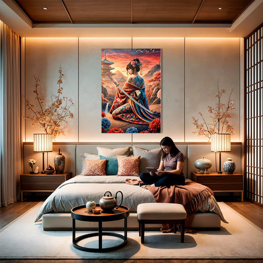 Sunset Sakura Warrior - Tattooed Geisha with Katana Canvas Print