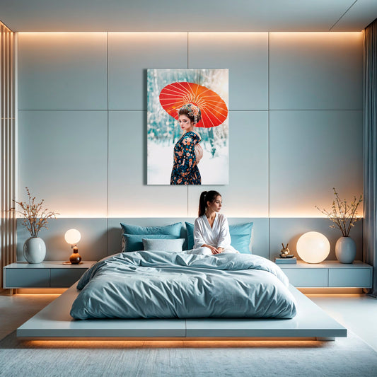 Crimson Umbrella Geisha - Winter Blossom Canvas Print