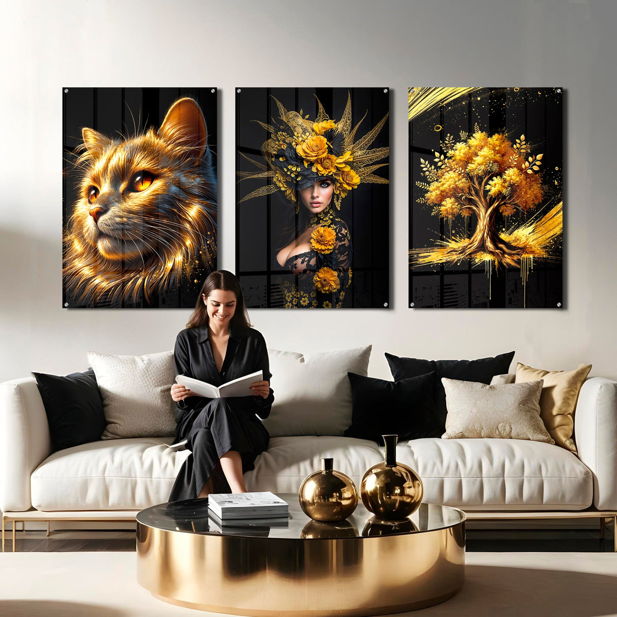 A Symphony in Black and Gold: Three Acrylic Prints That Breathe Together