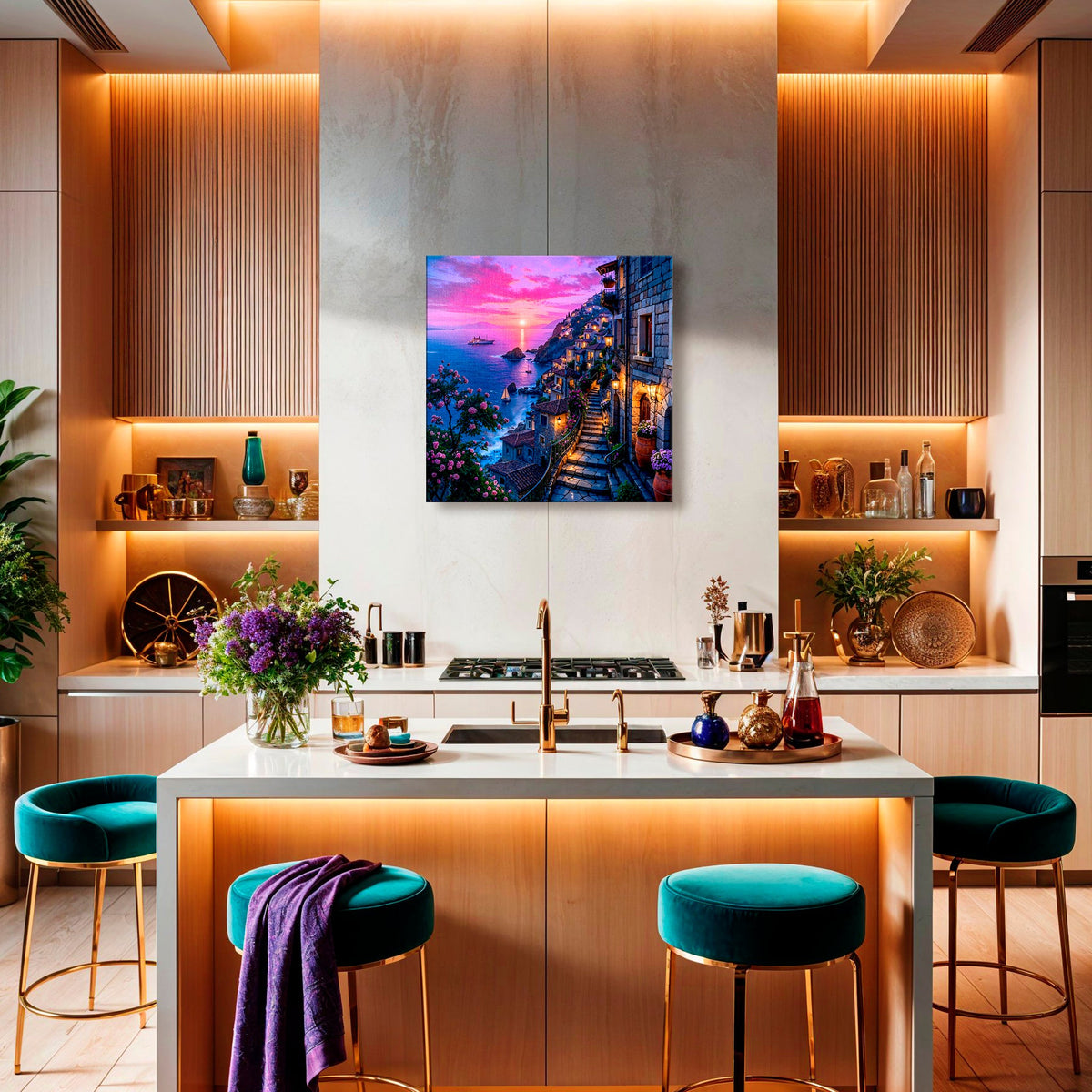 Amalfi Dreams: Sunset Village Canvas for Living Room Luxury