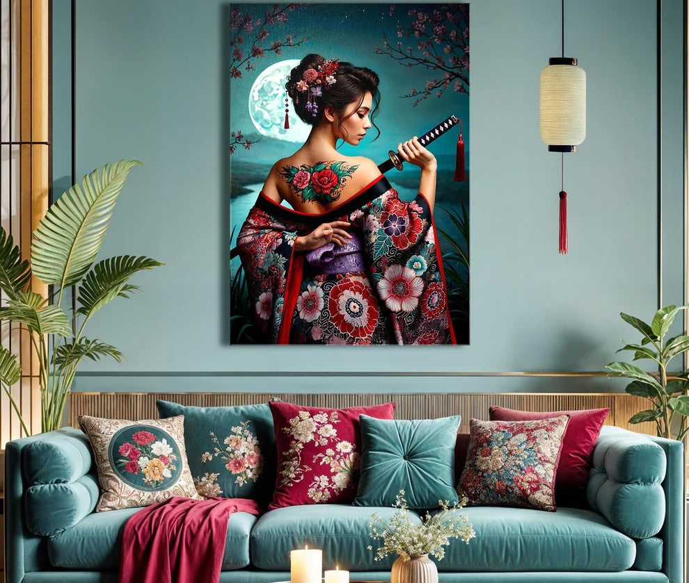 Lunar Warrior: A Tattooed Geisha Beneath the Moonlight