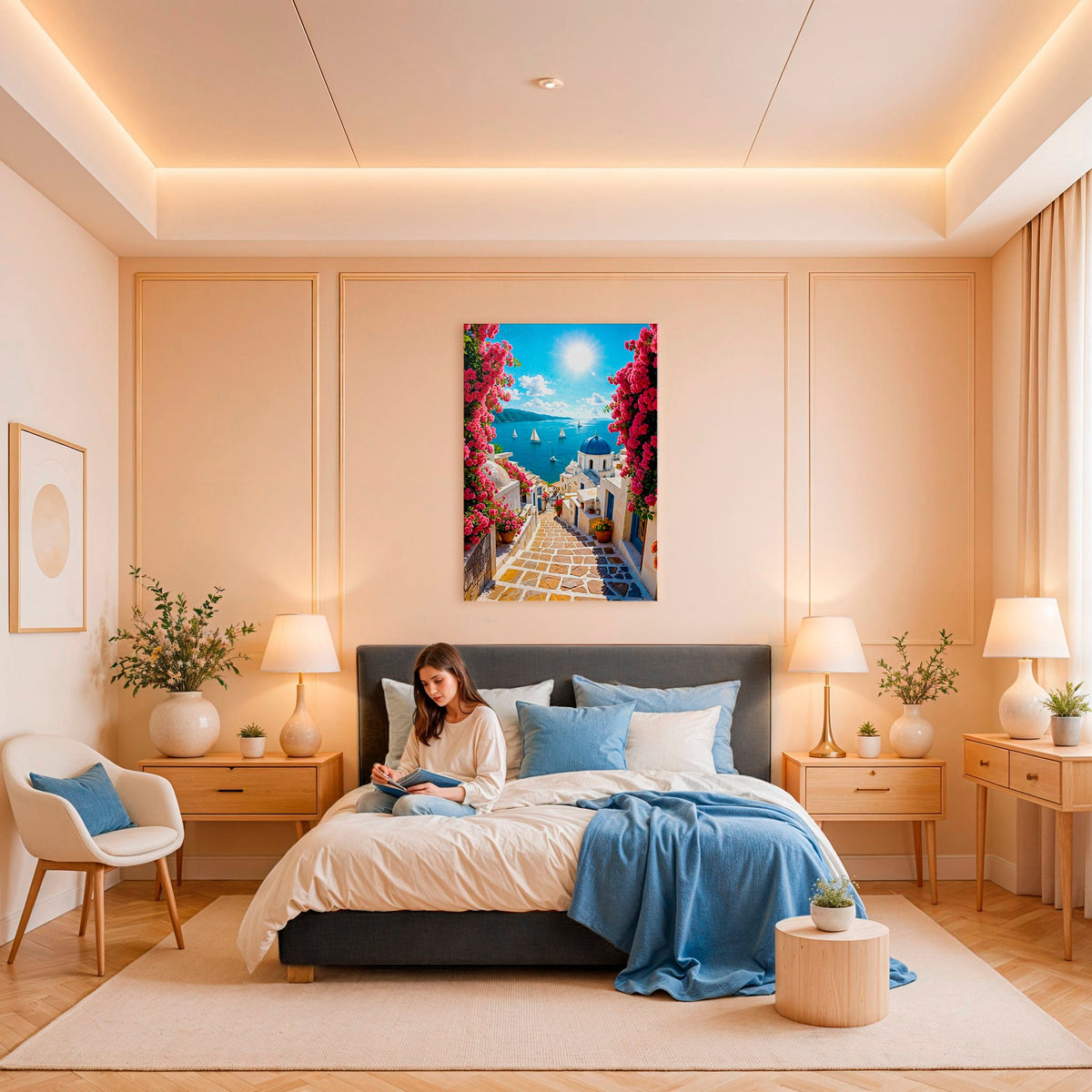 Under the Bougainvillea: Santorini Steps Canvas & Mediterranean Romance