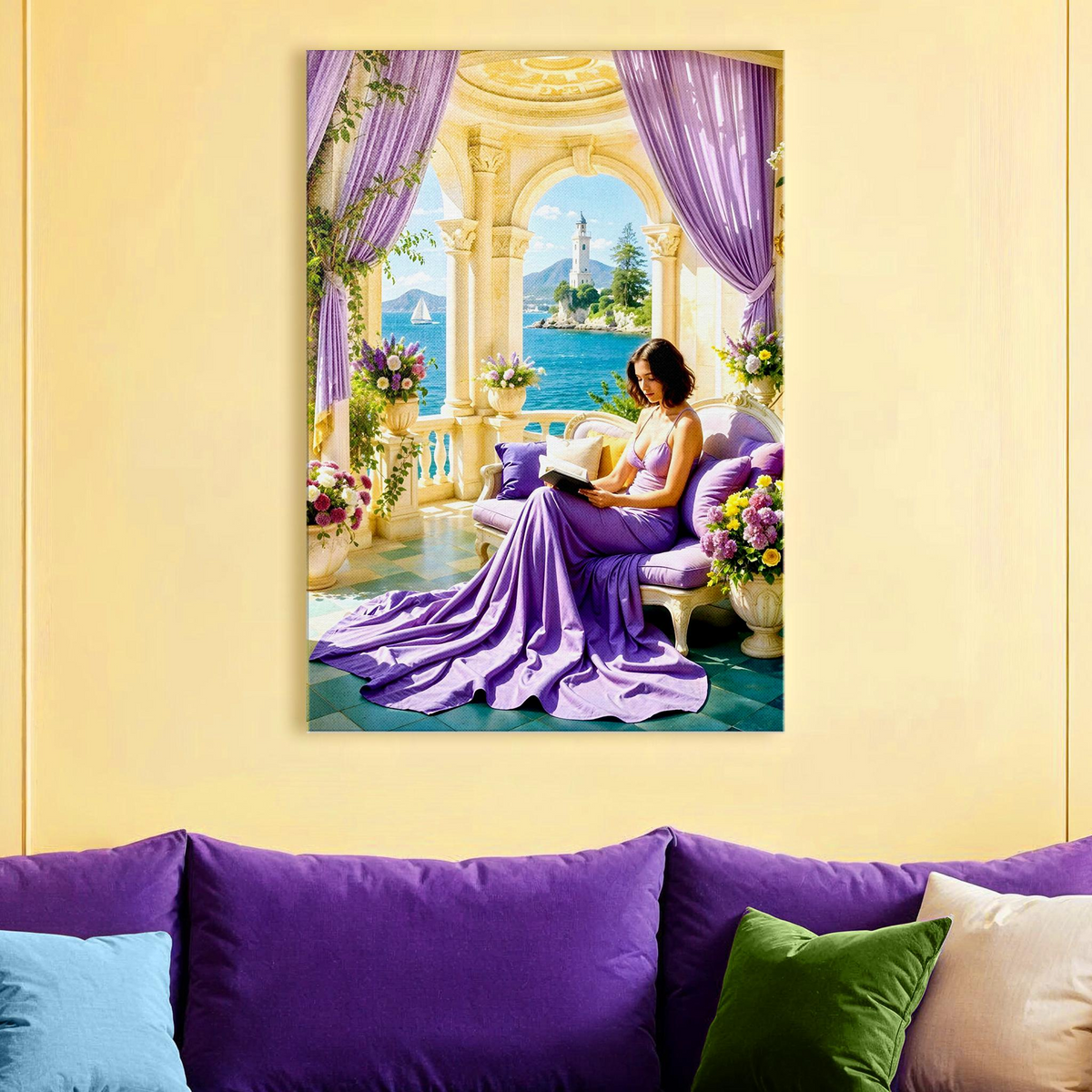 Mediterranean Balcony Purple Coastal Canvas Wall Art canvas wall art print in a styled room