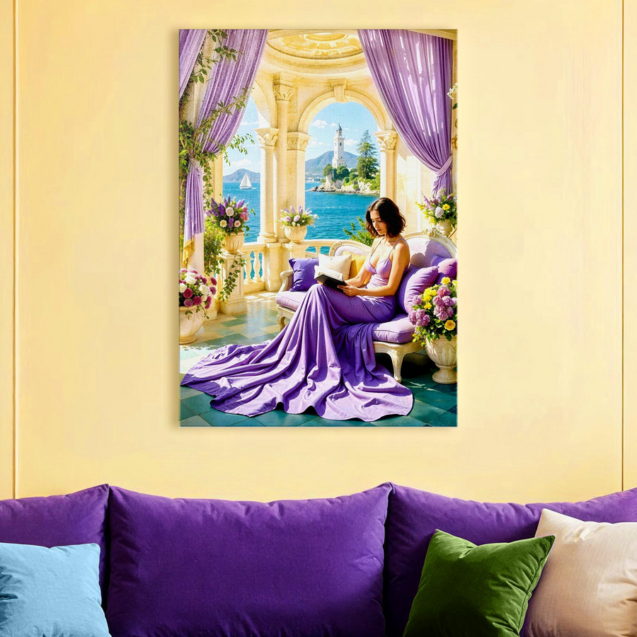 Mediterranean Balcony Purple Coastal Canvas Wall Art
