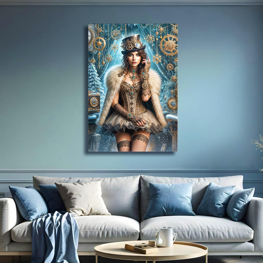 Steampunk Clockwork Blue & Gold Canvas Wall Art – Winter Queen of Time
