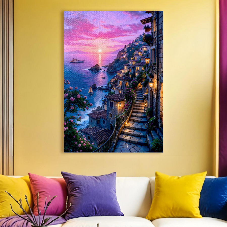 Amalfi Coast Sunset Village Canvas Wall Art