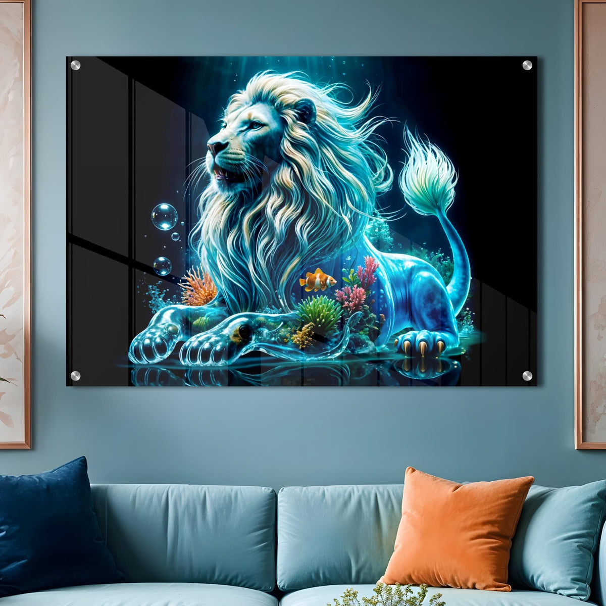 Royal Water Lion King acrylic wall art print in a styled room