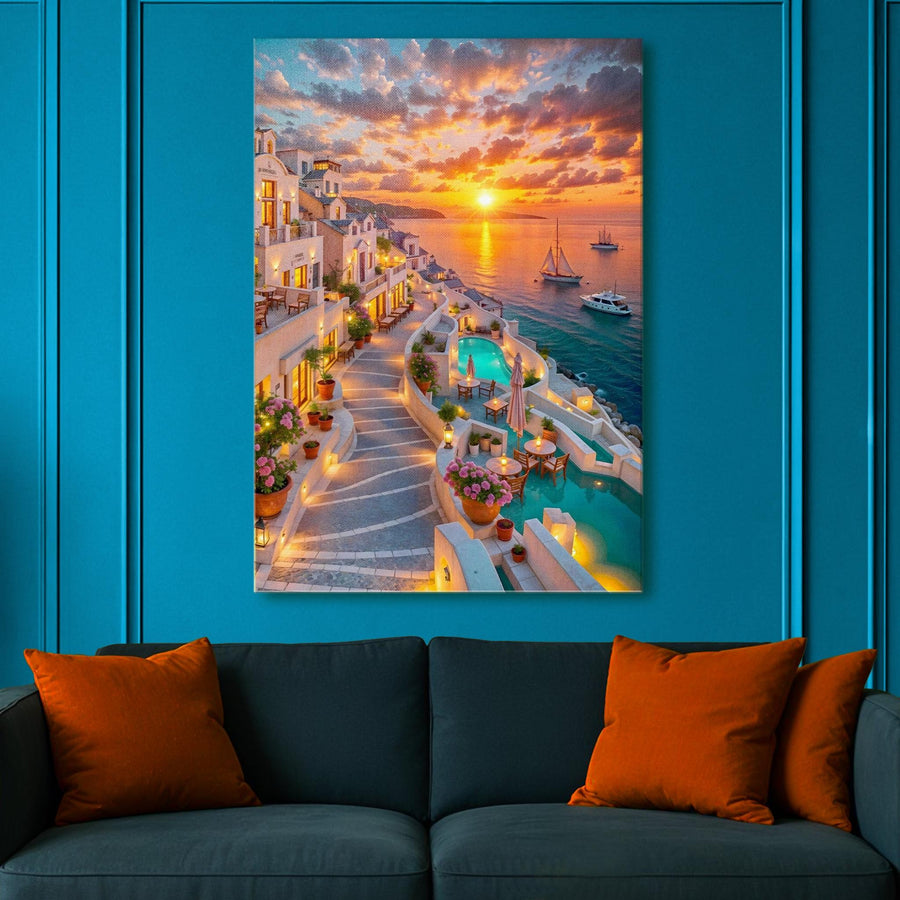 Santorini Sunset Ocean View Canvas Wall Art