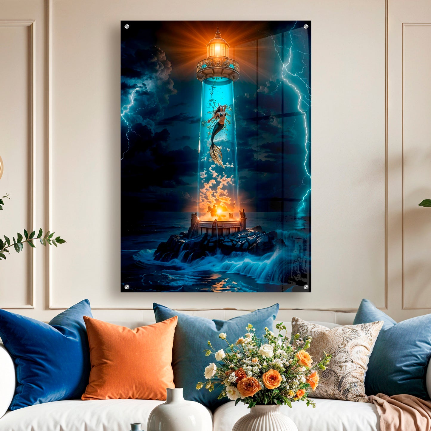 Acrylic Wall Art Mermaid & Lighthouse Fantasy – Ocean Storm Art Decor