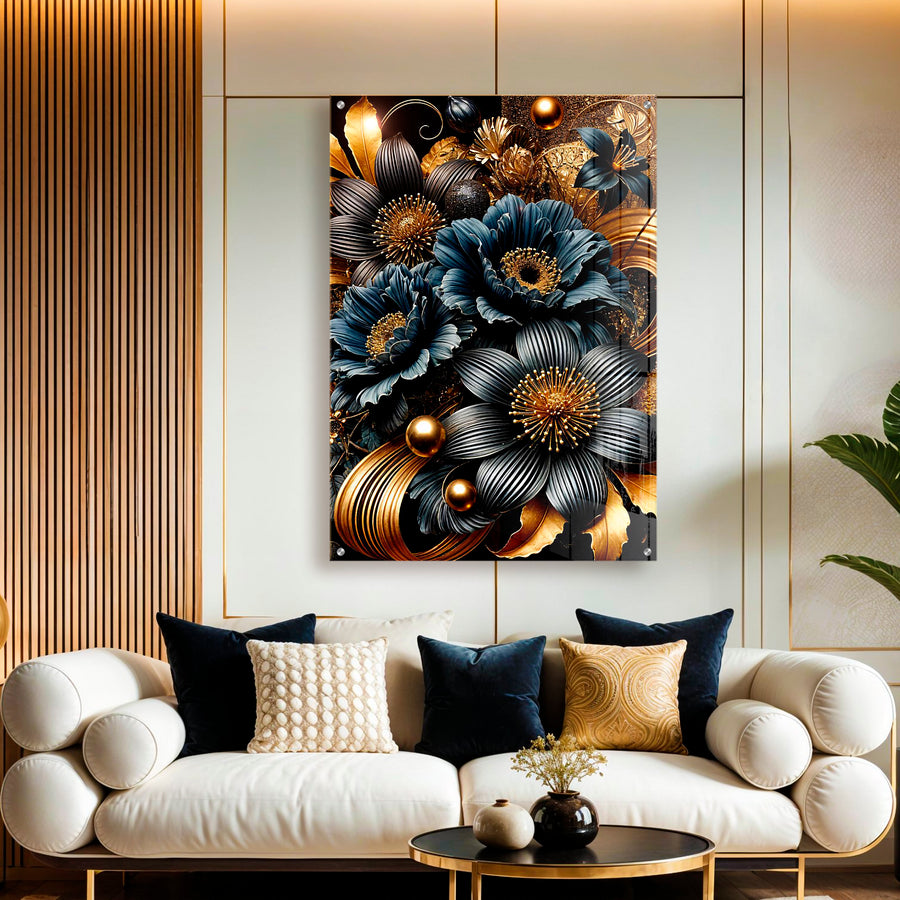 Gold & Navy Floral Acrylic Wall Art – Midnight Bloom