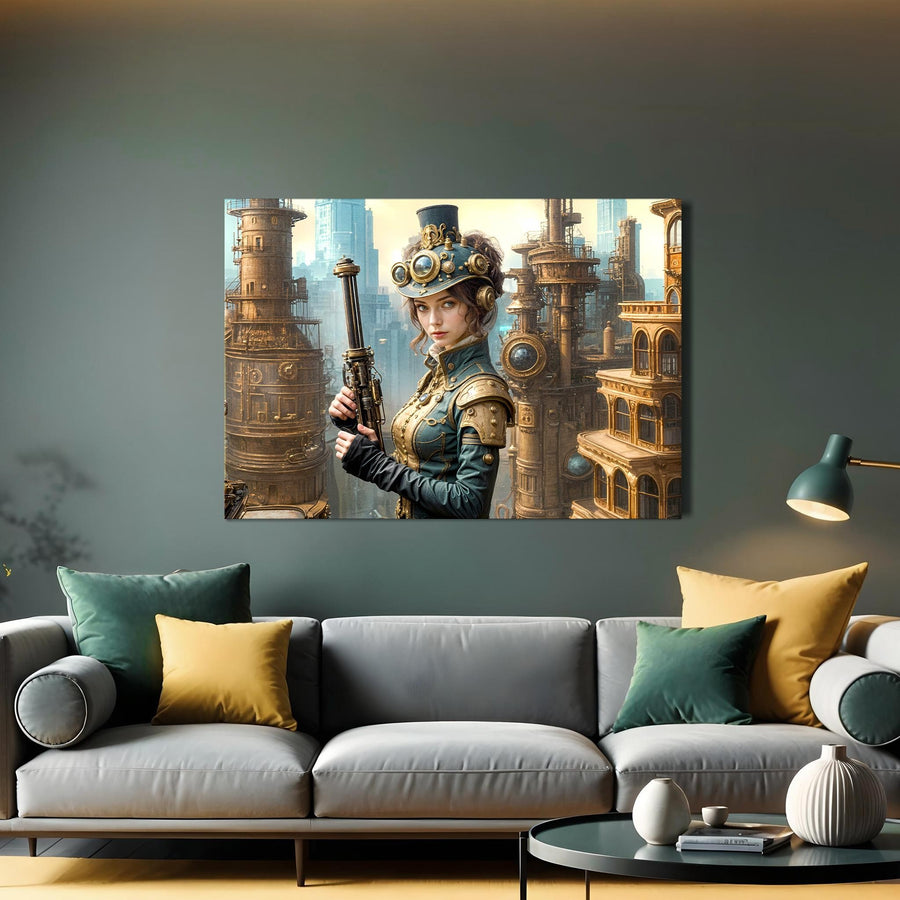 Victorian Gold Guardian Canvas Wall Art – Steampunk Sentinel