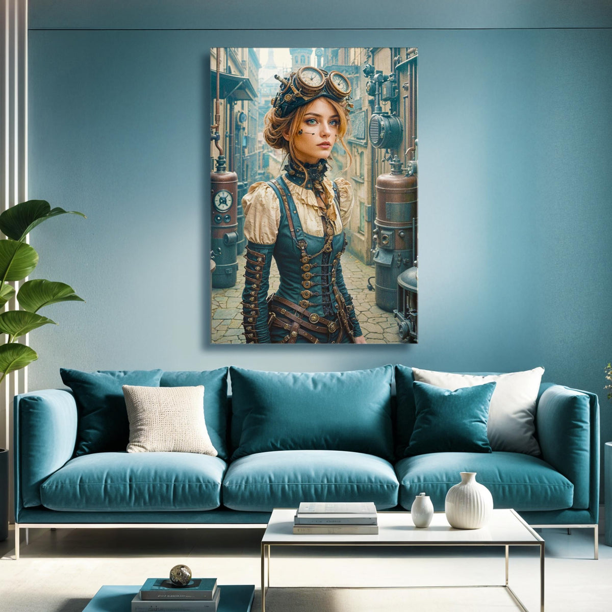 The Clockwork Engineer canvas wall art print in a styled room