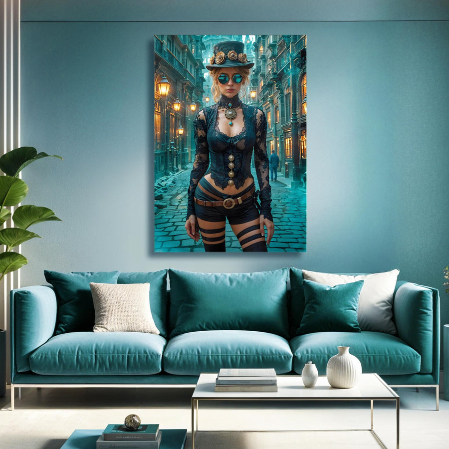 Victorian Sci-Fi Blue Canvas Wall Art – Steampunk Rebel of the Night