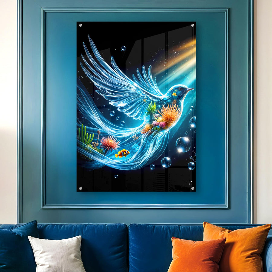 Underwater Flying Blue Acrylic Wall Art – Ethereal Water Bird