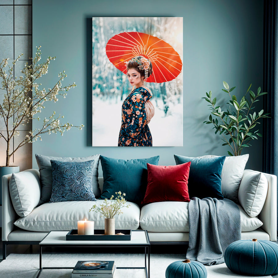 Geisha Winter Blossom Canvas Wall Art – Crimson Umbrella