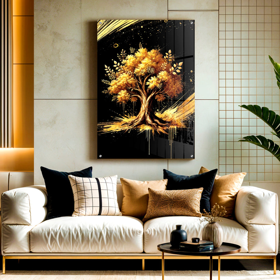 Gold Abstract Botanical Acrylic Wall Art – Tree of Abundance