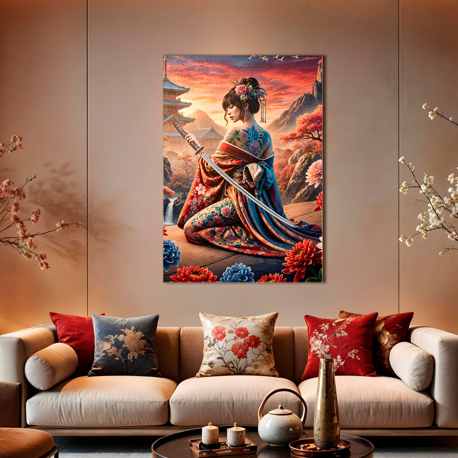 Geisha Katana Tattoo Canvas Wall Art – Sunset Sakura Warrior