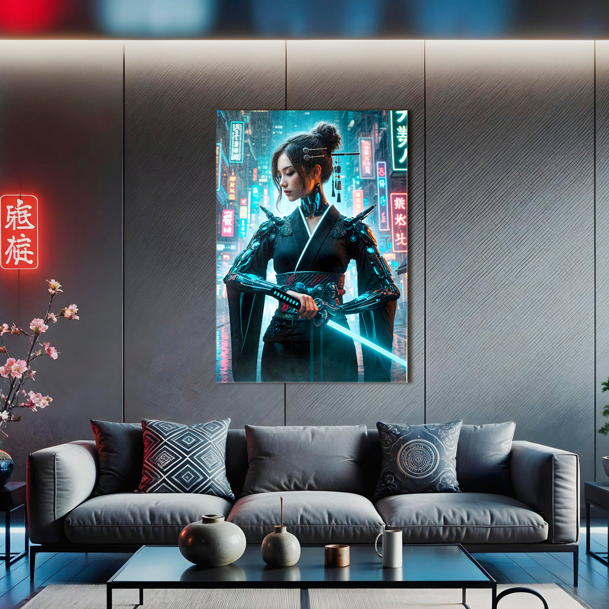 Cyberpunk Geisha Blue Canvas Wall Art – Neon Blade Warrior