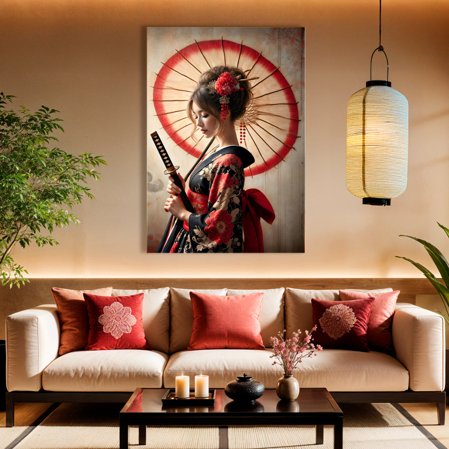 Geisha Katana Red Canvas Wall Art – Serene Warrior