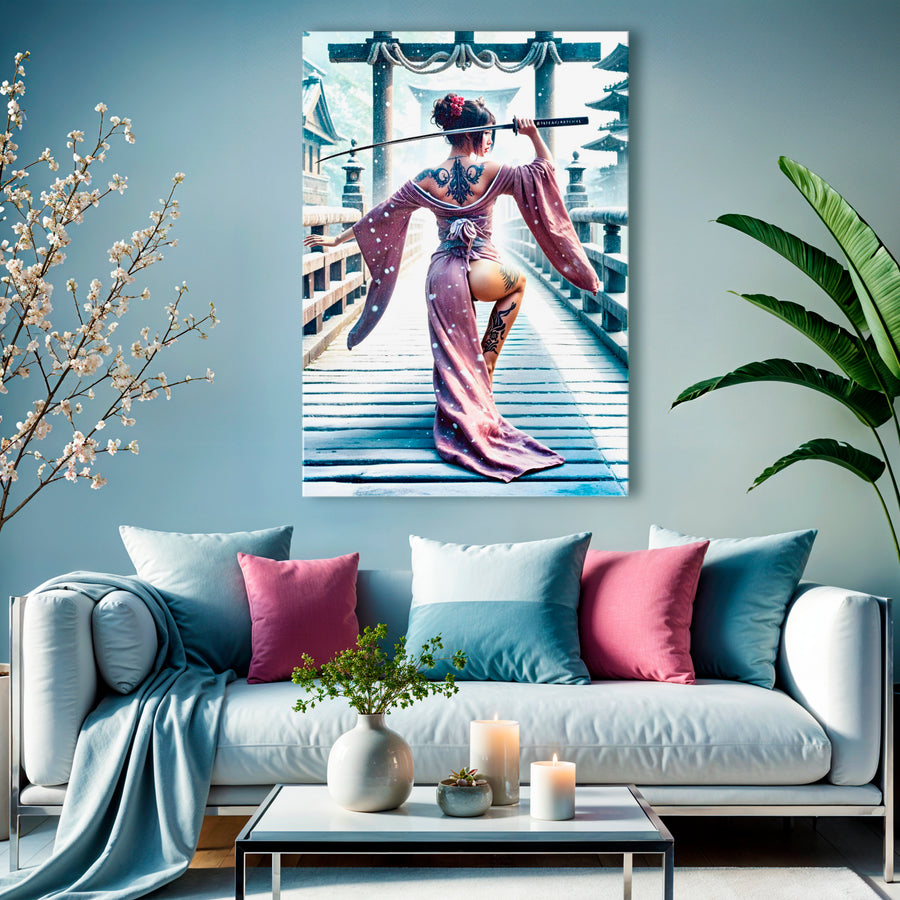 Geisha Katana Winter Canvas Wall Art – Snowfall Warrior