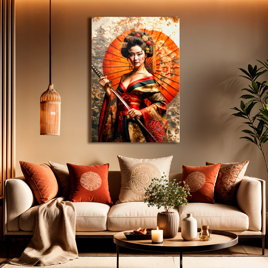 Geisha Katana Orange Canvas Wall Art – Fiery Guardian