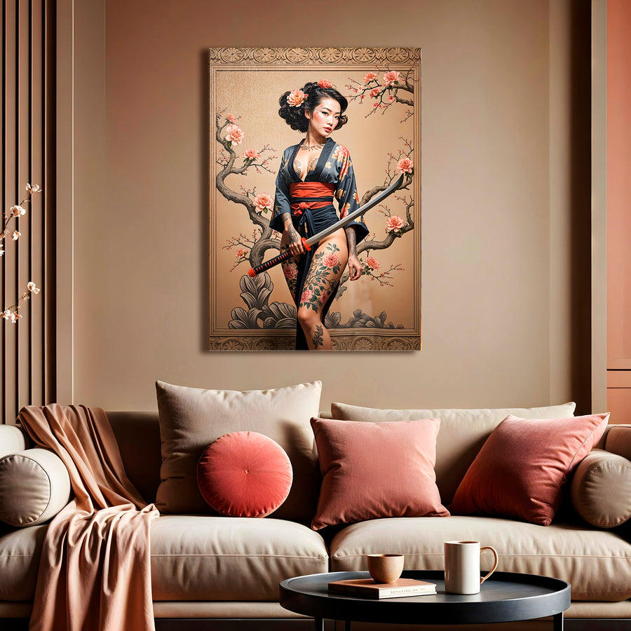 Geisha Katana Tattoo Canvas Wall Art – Tattooed Sakura Warrior