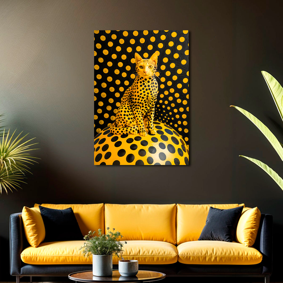 Black & Gold Polka Dot Cat Canvas Wall Art