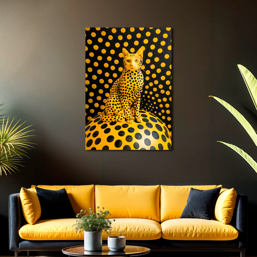 Black & Gold Polka Dot Cat Canvas Wall Art