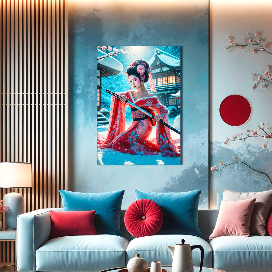Geisha Katana Red Temple Canvas Wall Art – Scarlet Blossom Warrior