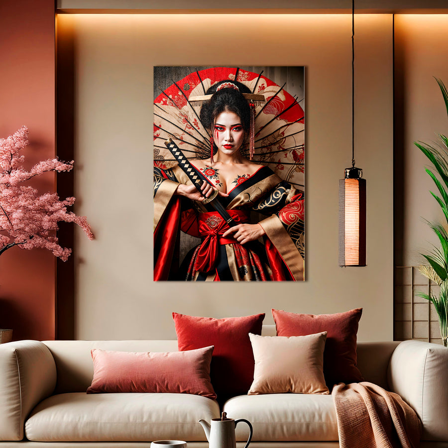Geisha Katana Red Fan Canvas Wall Art – Intense Bloom Warrior