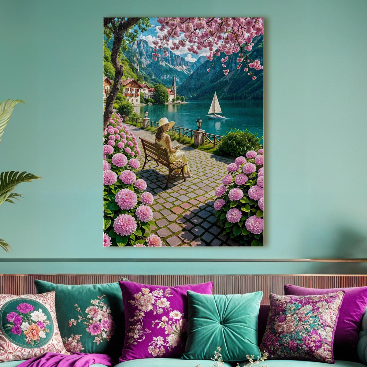 Alpine Lakeside Village Floral Canvas Wall Art