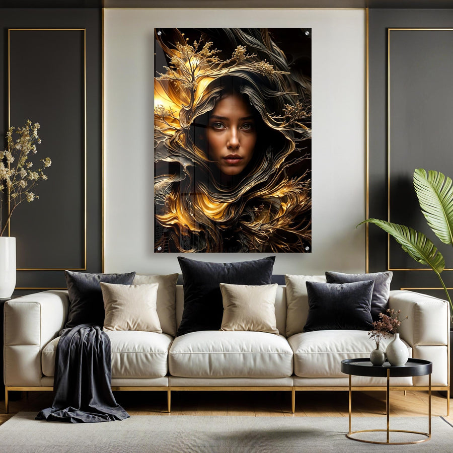 Gold Abstract Nature Portrait Acrylic Wall Art – Guardian of the Golden Forest