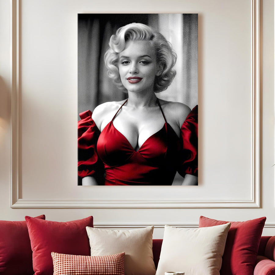 Marilyn Monroe Red Dress Black & White Canvas Wall Art