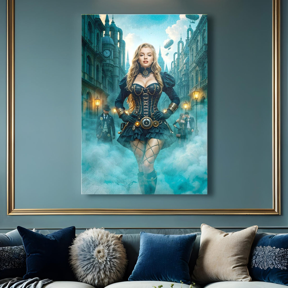 Marilyn Monroe Steampunk Corset Canvas Wall Art canvas wall art print in a styled room