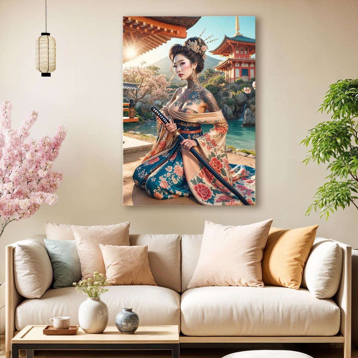 Cherry Blossom Warrior canvas wall art print in a styled room