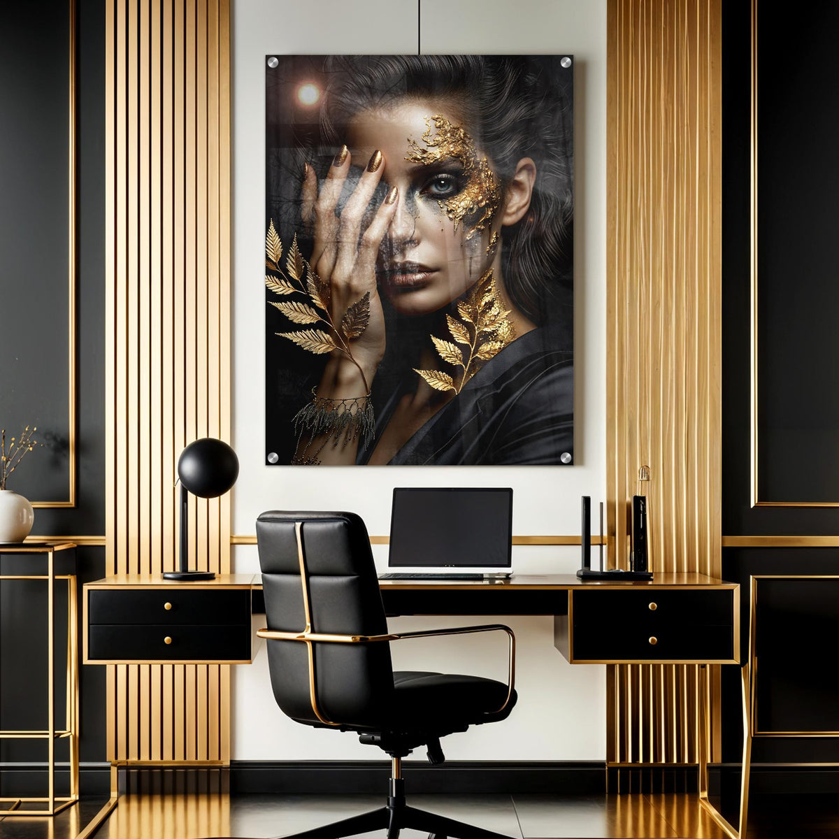 Black & Gold Woman acrylic wall art print in a styled room